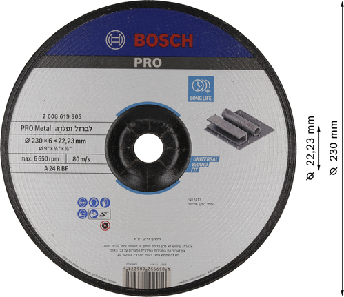 Disco abrasivo para metal Bosch PRO de 230 x 6 x 22,23 mm.